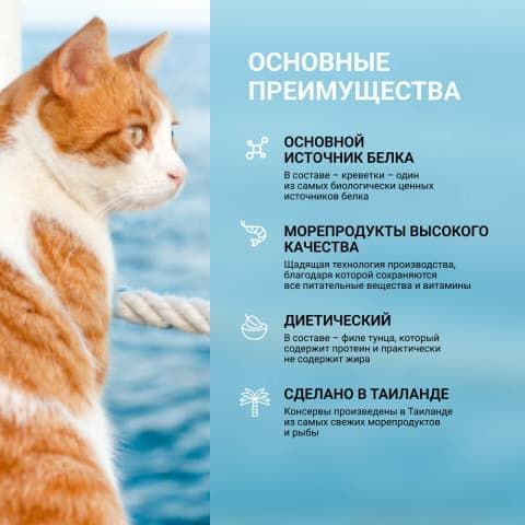 Консервированный корм для взрослых кошек филе тунца с топпингом из креветок в желе, 80 г