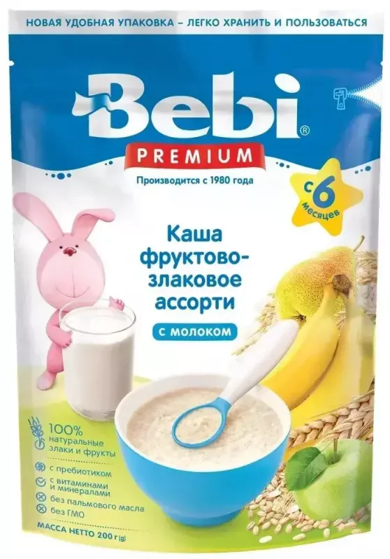 Каша Bebi молочная злаковая с фруктовым ассорти, с 6 месяцев, 200 г